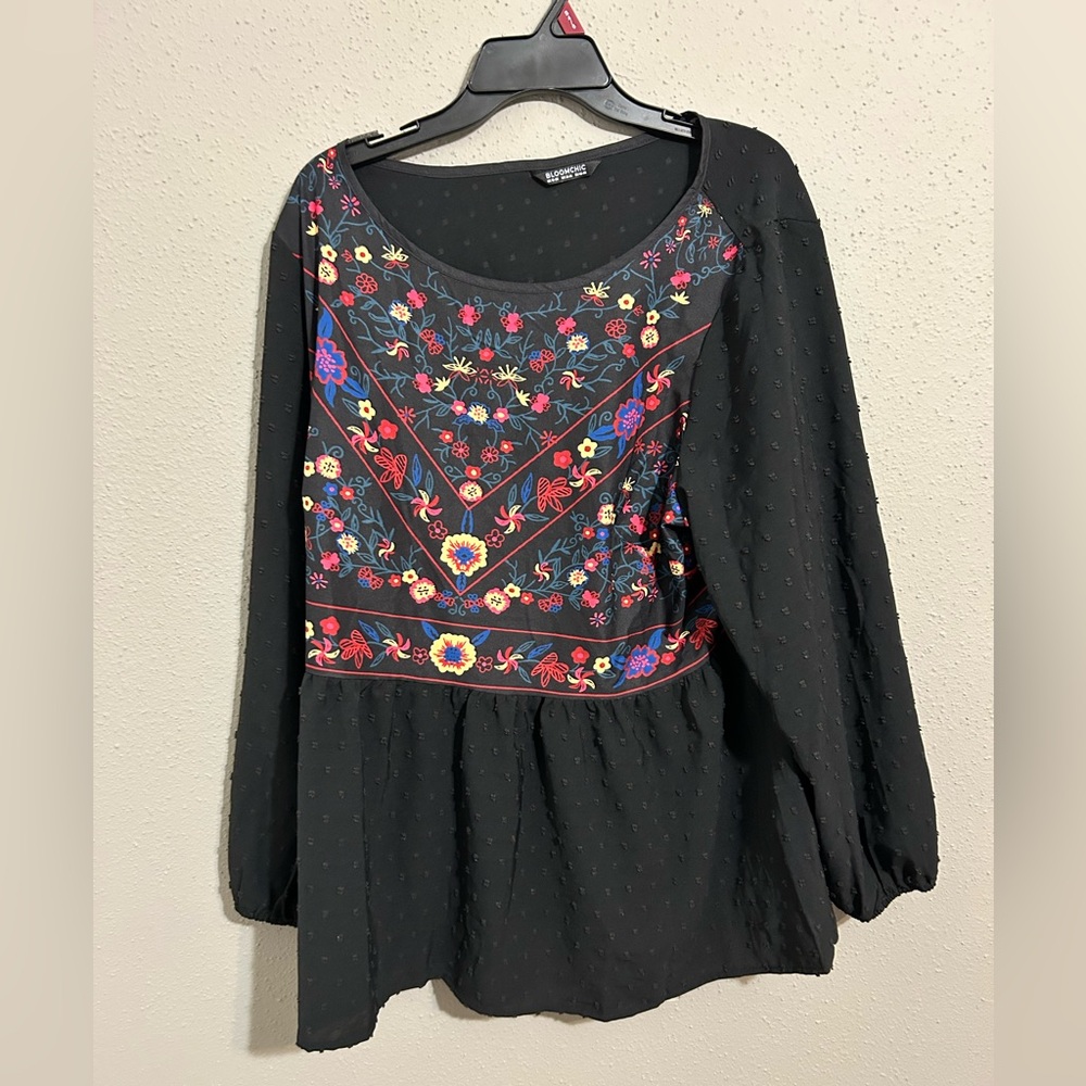 BloomChic Black Top with Colorful Floral Design